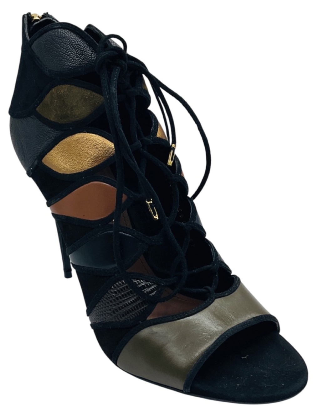 SALVATORE FERRAGAMO OLIVE GREEN / BROWN / BLACK / GOLD METALLIC MULTI SUEDE TRIM